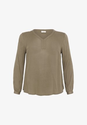 Oliwkowa bluzka z długim rękawem z dekoltem w serek i subtelnymi plisami. Miły w dotyku materiał, luźny krój i zaokrąglony dół.