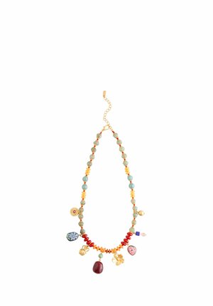 Beaded necklace featuring assorted colored beads in green, red, and blue, with decorative charms and a gold-tone chain.