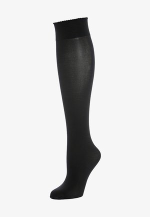 Chaussettes noires montantes avec un délicat bord festonné, texture lisse et forme ajustée conçue pour le confort et le soutien.