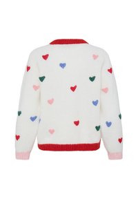 Pull en maille blanc avec col et bord rouge, décoré de petits cœurs rouges, bleus, verts et roses dispersés sur le dos et les manches.