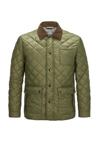 Grüne gesteppte Jacke mit einem Cordkragen, einer Brusttasche und zwei unteren Taschen, die mit Druckknöpfen und einer eleganten, strukturierten Oberfläche ausgestattet ist.