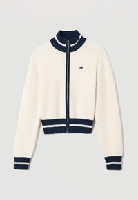 Zamek błyskawiczny z dzianiny prążkowanej w kolorze kremowym z granatowymi akcentami, z wysokim kołnierzem, kontrastowymi paskami na mankietach oraz małym emblematem na piersi.