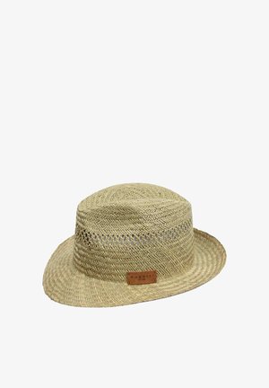 Olkihattu, jossa on leveä, litteä lieriö ja teksturoitu, kudottu kuvio. Sivussa on ruskea nahkakoriste, jossa lukee 'bugatti'.