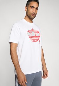 Valge puuvillane t-särk, millel on suur punane graafika, mis kujutab arhitektuurilisi elemente ja lehemotiive. Lühikesed varrukad ja ümara lõikega kaelus.