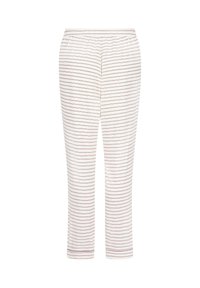 Lichtgewicht katoenen pyjamabroek met een witte basis en dunne kastanjebruine strepen, voorzien van een elastische tailleband en rechte pijpen.