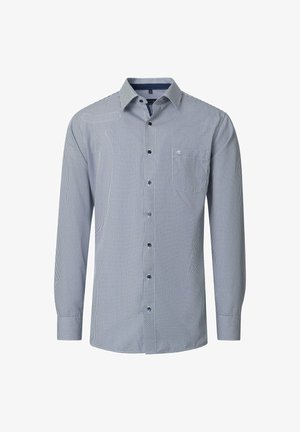 Herren Langarmhemd mit kleinem blau-weißen Karomuster und einer Brusttasche auf einem schlichten weißen Hintergrund.