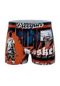 Boxers en featuring un design graphique avec une palette de couleurs orange et bleue, représentant un joueur de basketball et un panier, avec une taille texturée.