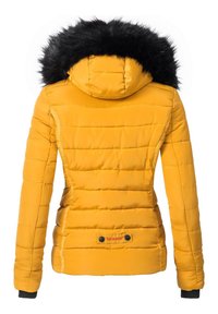Yellow puffer jacket with a black faux fur hood. Features quilted texture, side seams, and a branded tag near the bottom hem.