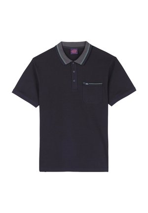 Polo-shirt navy avec un col gris, une patte de boutonnage à deux boutons et une poche poitrine ornée de parements contrastés. Fabriqué en tissu texturé.