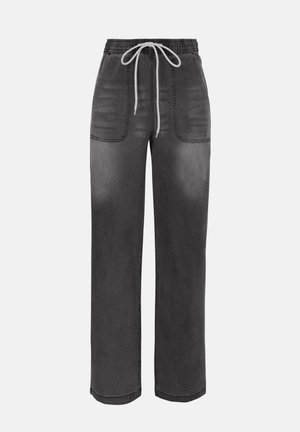 Pantalon large noir avec taille élastique et cordon blanc, doté de poches plaquées avant et de détails délavés.