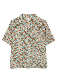 Short-sleeved, collared shirt in light blue with a retro geometric pattern in orange, brown, and teal. Lightweight fabric with button closures.