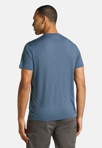 Mandens blå kortærmede t-shirt, blød tekstur, rund hals, enkel design, båret med grå bukser, set bagfra.