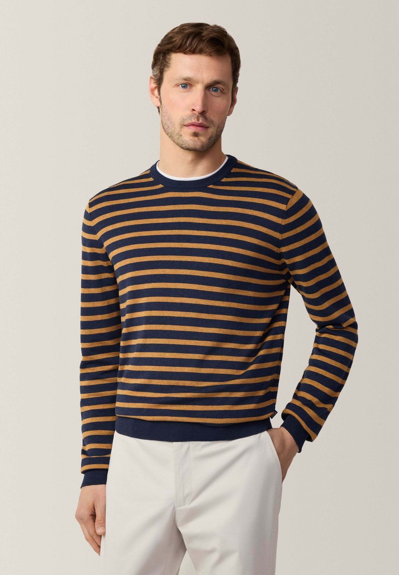 Maglione a righe blu navy e senape, in tessuto a maglia, con un classico scollo a girocollo, polsini e fondo a costine, vestibilità dritta, indossato con pantaloni chiari.