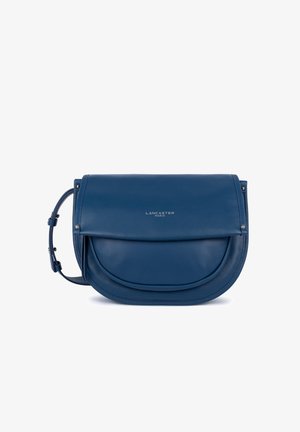Blue leather Lancaster Paris crossbody bag with flap closure and adjustable shoulder strap, front logo and silver-tone hardware.