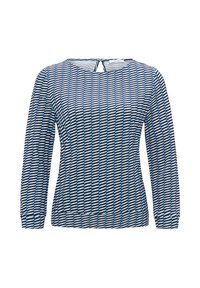 Langärmlige Bluse in Blau und Weiß mit geometrischem Muster, Rundhalsausschnitt und kleiner Schlüsselspalte mit Bindeband im Rücken.