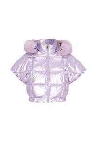 Kurtka puchowa w jasnym lawendowym kolorze, na połyskującej powierzchni, z wysokim kołnierzem i odpinanym futrzanym wykończeniem. Posiada szerokie rękawy i zamek z przodu.