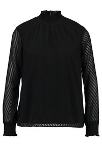 Blouse noire à manches longues avec un col montant, en tissu texturé présentant un motif chevron. Poignets et col volantés pour plus de détails.