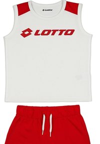 Top bianco senza maniche con accenti rossi e logo "LOTTO", abbinato a pantaloni corta rossi con vita elastica e cordino.