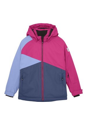 Bunte Jacke mit Kapuze, aus weichem Stoff gefertigt. Sie hat eine Mischung aus pinken, blauen und marineblauen Abschnitten, einen Frontreißverschluss und Taschen.
