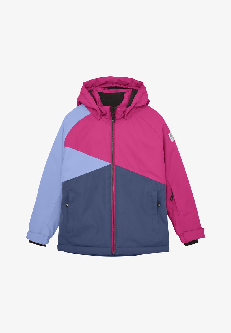 Bunte Jacke mit Kapuze, aus weichem Stoff gefertigt. Sie hat eine Mischung aus pinken, blauen und marineblauen Abschnitten, einen Frontreißverschluss und Taschen.