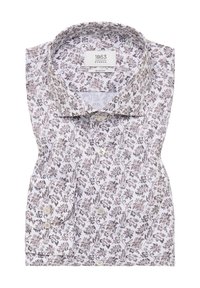 Weißes Slim-Fit-Hemd mit grauem Blumenmuster, spitzem Kragen und Knopfverschluss. Hergestellt aus leichtem Stoff mit glatter Textur.