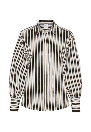 Gestreepte blouse met verticale zwarte, bruine en crèmekleurige strepen, knoopsluiting aan de voorkant, klassieke kraag en puffmouwen met manchetdetail.