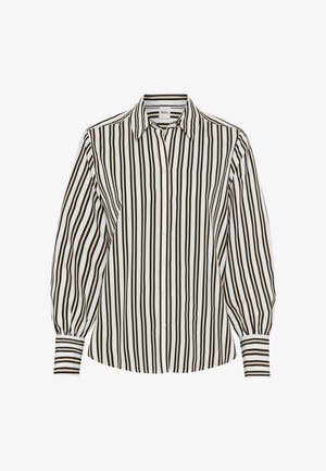 Gestreepte blouse met verticale zwarte, bruine en crèmekleurige strepen, knoopsluiting aan de voorkant, klassieke kraag en puffmouwen met manchetdetail.