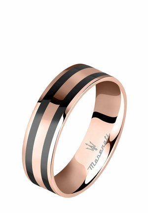 Rose gold ring featuring two black stripes. Smooth surface with a polished finish and engraved logo inside. Concave design at edges.