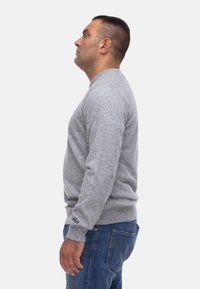 Maglione grigio lavorato a maglia con scollatura rotonda, polsini e orlo a coste; indossato con jeans in denim blu. Appare morbido e dalla consistenza interessante.
