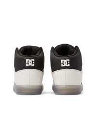 Black and white high-top sneakers with a textured upper, padded collar, and clear rubber sole. Features a logo on the back.