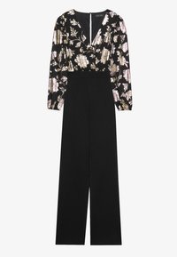 Mono negro con mangas largas y abullonadas, y un cuerpo con estampado floral metálico. Presenta un escote en V y una silueta de pierna ancha. Cierre de cremallera en la parte posterior.