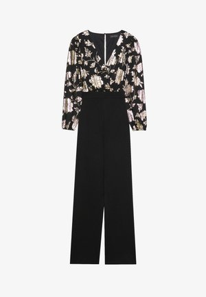 Sort jumpsuit med lange, pufede ærmer og en blomster-, metallisk trykt overdel. Har en V-hals og bred ben silhuet. Lynlås lukning bagpå.