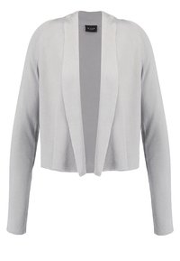 Světlé šedé zkrácené kardigan vyrobený z měkké pleteniny. Prováděný model s otevřeným předním dílem, dlouhými rukávy a hladkou texturou. Bez zapínání nebo vzorů.