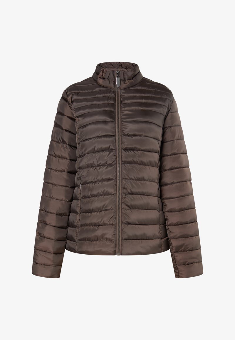 Bruine pufferjas met een staande kraag, verticale quiltpatroon, ritssluiting aan de voorkant en lange mouwen. Gladde, glanzende stof.