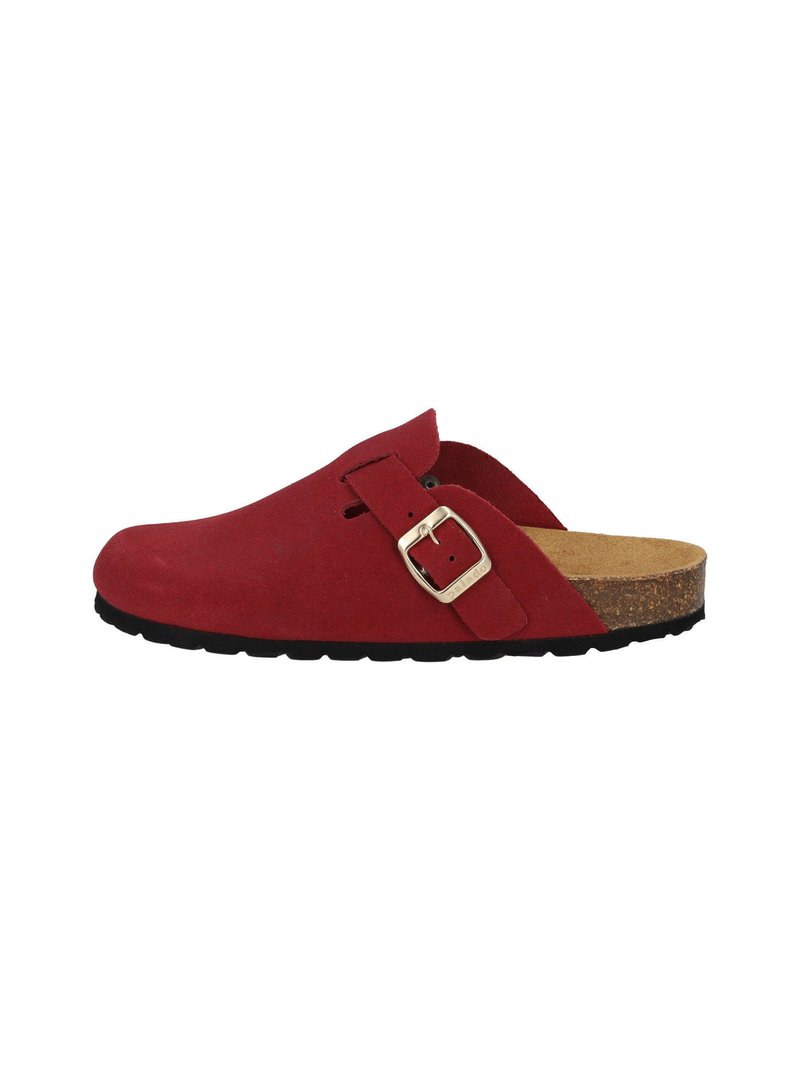 Zoccolo slip-on in suede rosso con fibbia metallica regolabile, soletta in sughero e suola in gomma nera testurizzata.
