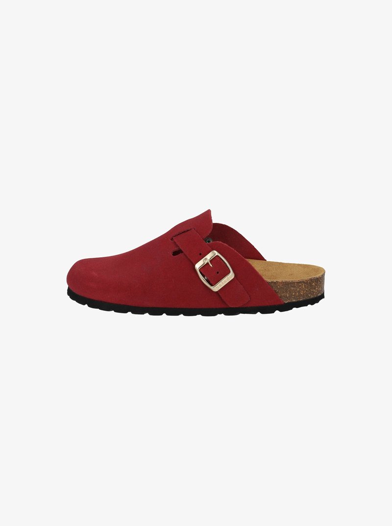 Rote Wildleder-Slipper mit verstellbarer Metall-Schnalle, Korkfußbett und strukturiertem schwarzen Gummisohle.
