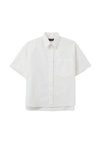 Short-sleeve white shirt made from lightweight fabric, featuring a collar, button front, and a single chest pocket.