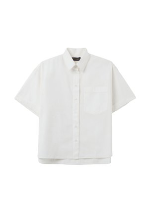 Chemise blanche à manches courtes en tissu léger, avec un col, une fermeture à boutons sur le devant et une poche poitrine.