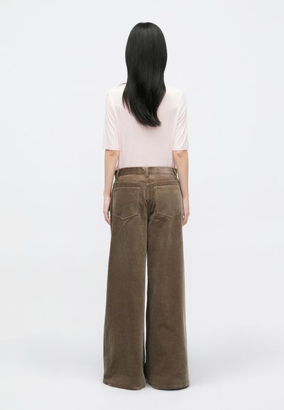 Wide-leg corduroy trousers in earthy brown, featuring vertical ribbing, five-pocket design, and a high waist with a button closure.