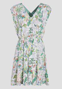 Sukienka w kwiatowy wzór z dekoltem w serek, krótkimi rękawami i elastyczną talią. Cechuje się zielonymi akcentami oraz lekkim, oddychającym materiałem.