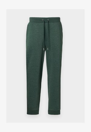 Dark green sweatpants with a drawstring waistband, side pockets, and ribbed cuffs, made from soft, textured fabric.