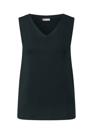 Top negro sin mangas con diseño de escote en V, hecho de algodón. Presenta una textura suave y un corte regular, adecuado para un uso casual.