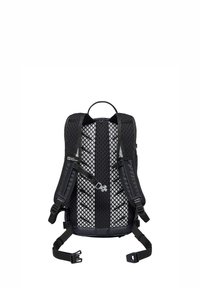 Sac à dos en mesh noir avec des bretelles réglables, présentant une texture en motif de losanges et une poignée de transport centrale. Comprend des boucles latérales pour le support.