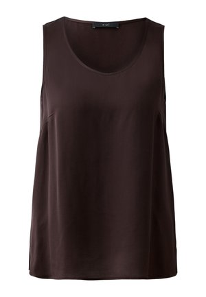 Bruine mouwloze top van lichtgewicht stof met een ronde halslijn, zijsplitten en een gladde textuur. Bevat een merketiket op de nek.