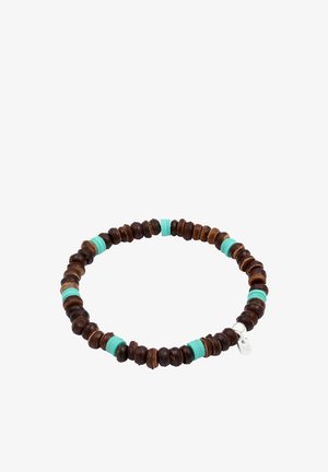 Holzperlen-Armband mit wechselnden dunkelbraunen und türkisfarbenen Perlen, akzentuiert mit einem kleinen silbernen Anhänger und einer glatten Oberfläche.
