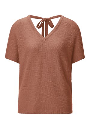 Brūns īsroku džemperis ar V veida izgriezumu un saišu detaļu mugurpusē, ar struktūrētu audumu un brīvu piegriezumu.