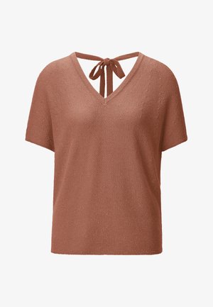 Barna kötött rövid ujjú felső V-nyakkivágással és hátul megkötős résszel, texturált anyagból, laza szabással.