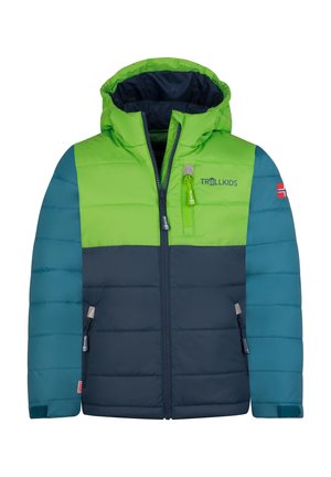 Kinder-Steppjacke mit grüner Kapuze und Brust, dunkelblauem Oberkörper, türkisfarbenen Ärmeln, Frontreißverschluss, Brusttasche und Logo auf Brust und Ärmel.