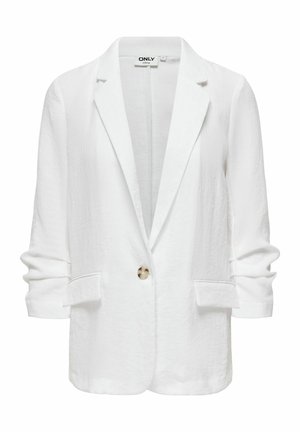 Blazer alb texturat cu mâneci suflecate, închidere cu un singur nasture, rever cu crestătură și două buzunare frontale cu clapă.