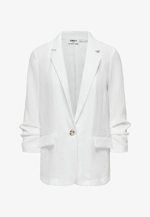 Blazer alb texturat cu mâneci suflecate, închidere cu un singur nasture, rever cu crestătură și două buzunare frontale cu clapă.